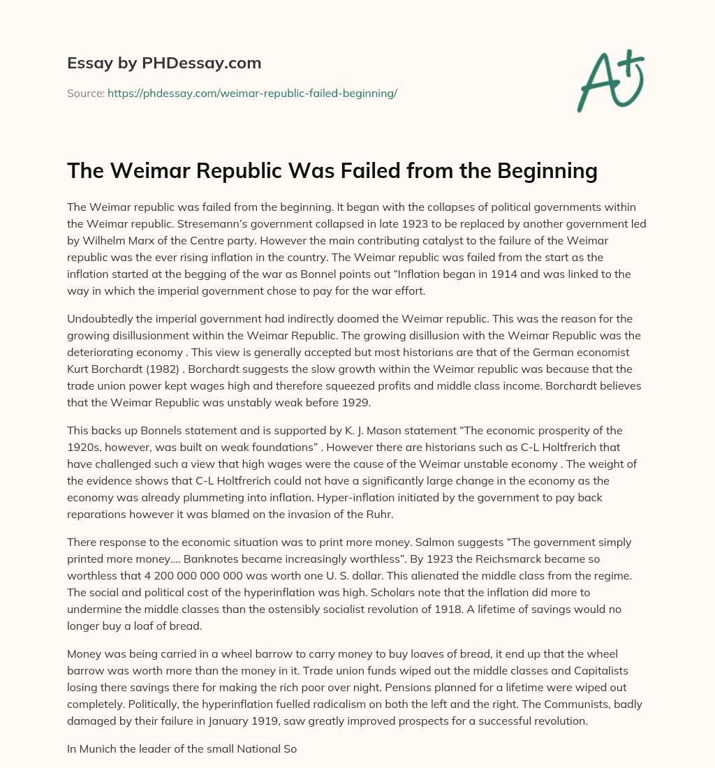 The Weimar Republic Was Failed from the Beginning essay