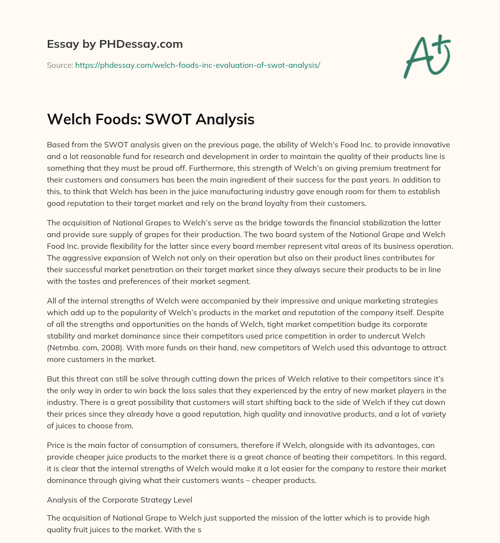 Welch Foods: SWOT Analysis essay