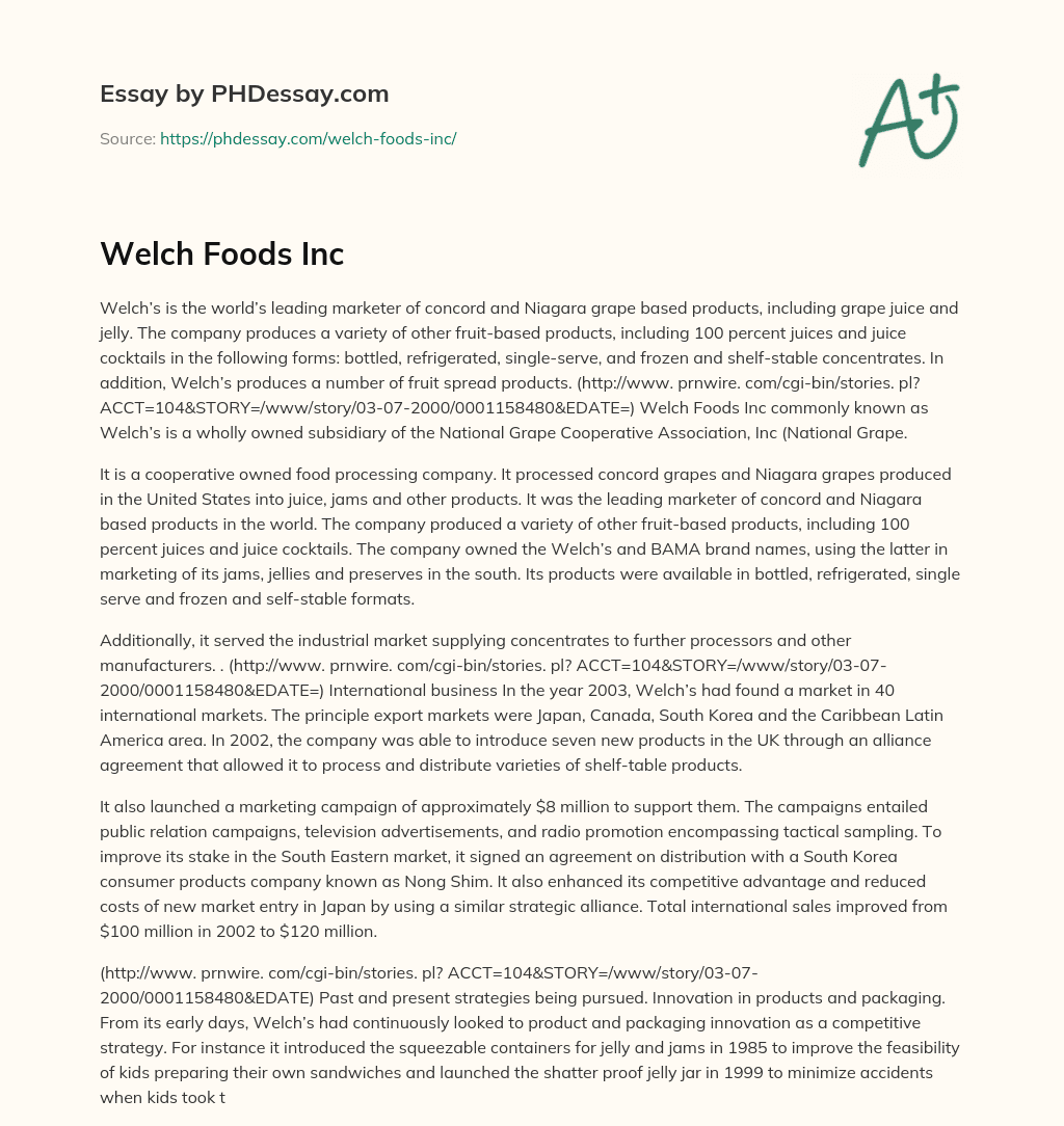 Welch Foods Inc essay