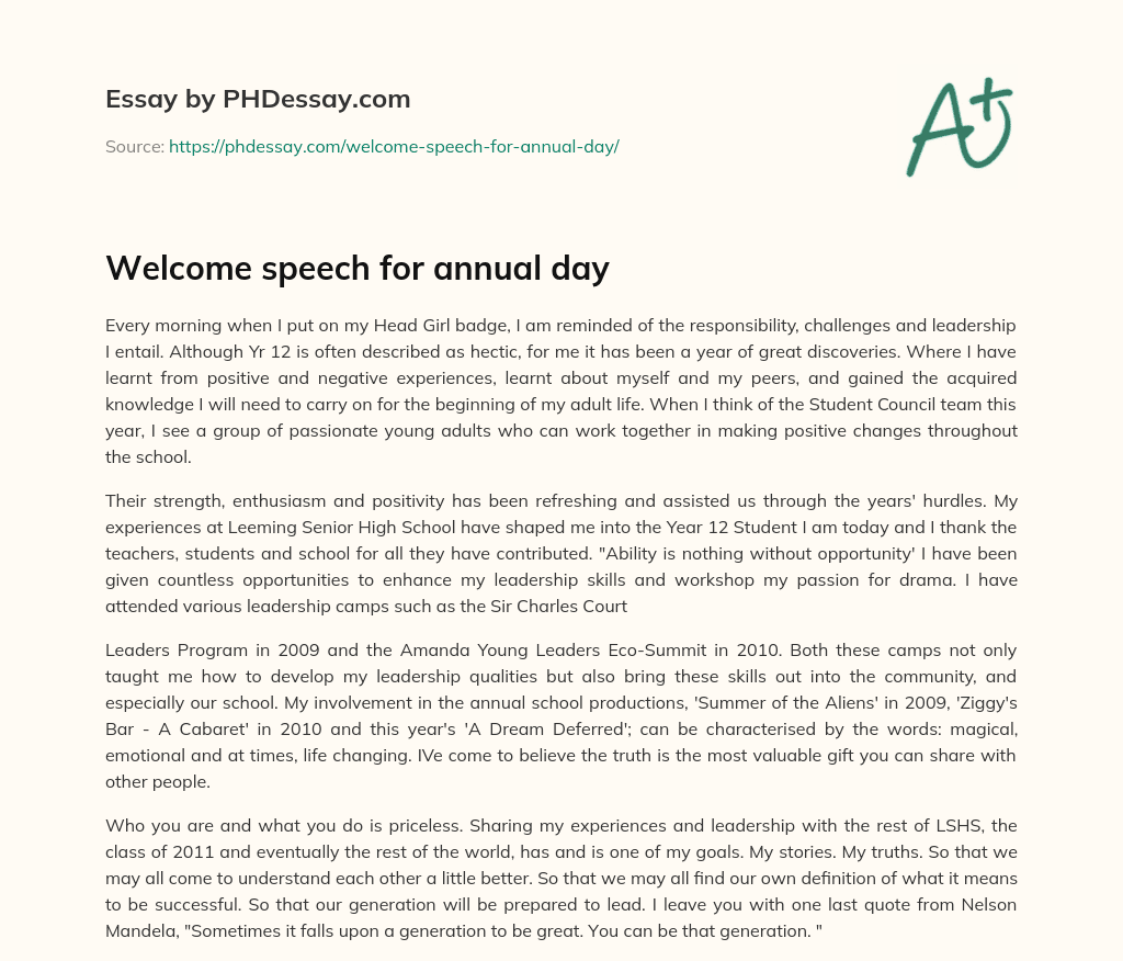 Welcome Speech For Annual Day 400 Words PHDessay