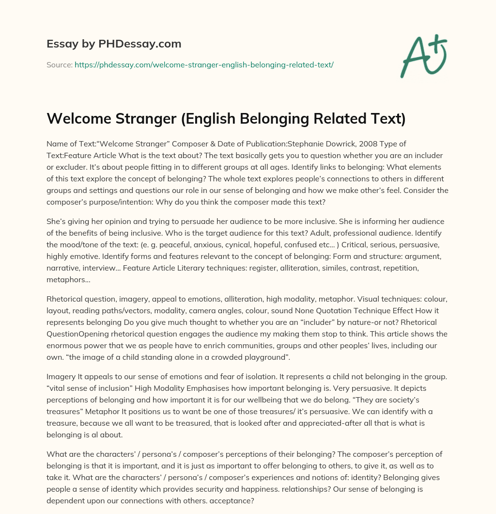 Welcome Stranger (English Belonging Related Text) essay