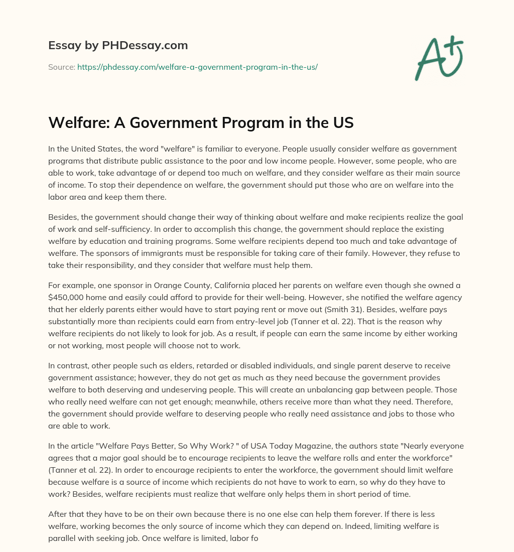 Welfare: A Government Program in the US essay