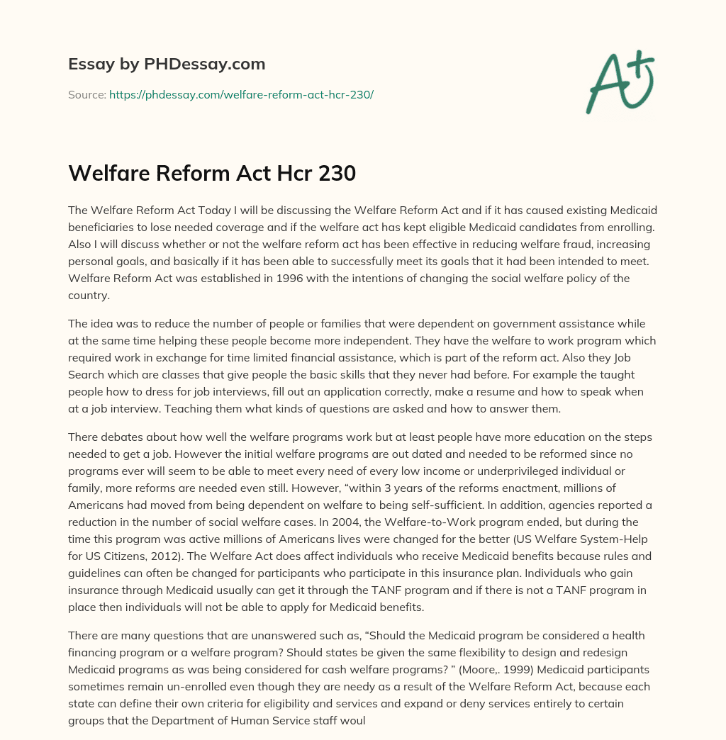 Welfare Reform Act Hcr 230 essay