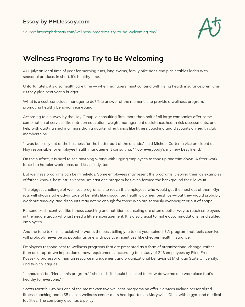 Wellness Programs Try to Be Welcoming essay