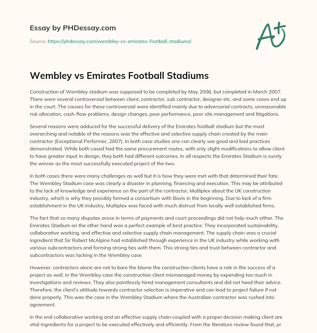 Wembley vs Emirates Football Stadiums essay