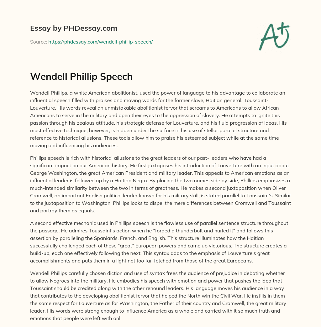 Wendell Phillip Speech essay