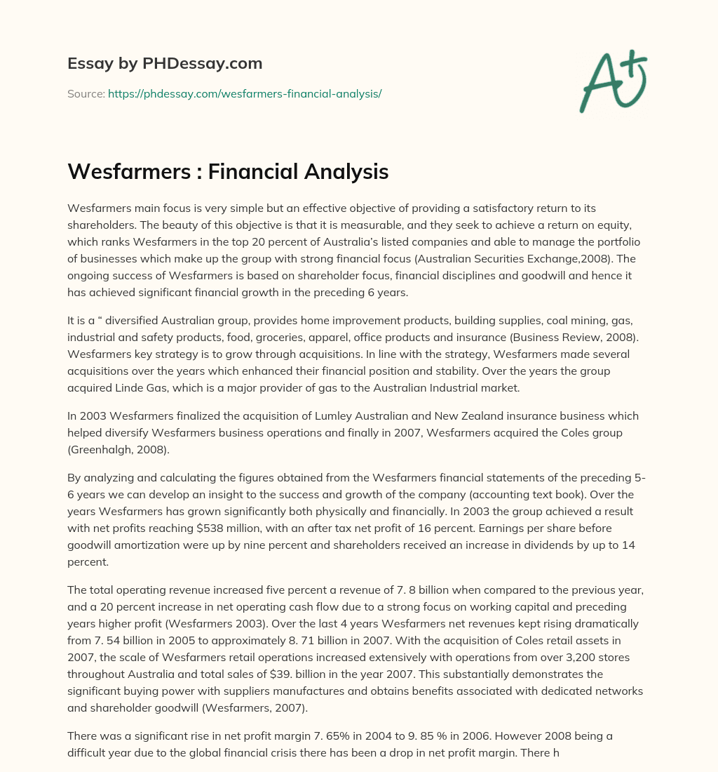 Wesfarmers : Financial Analysis essay