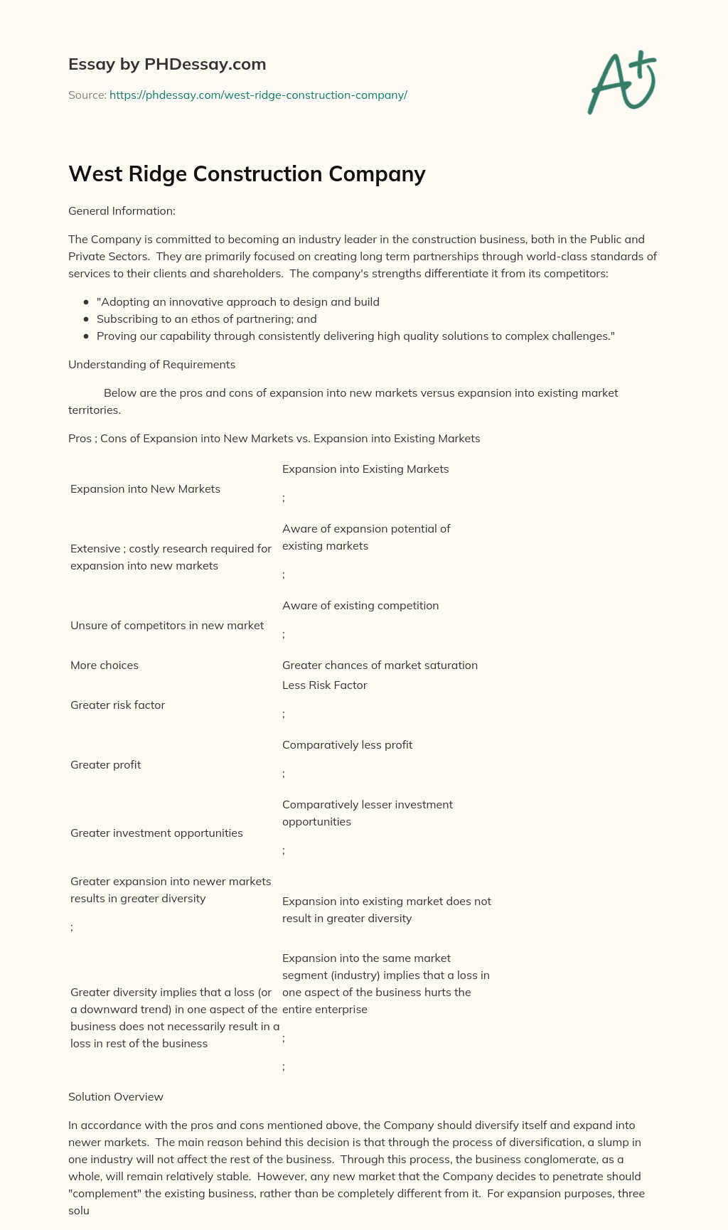 West Ridge Construction Company essay