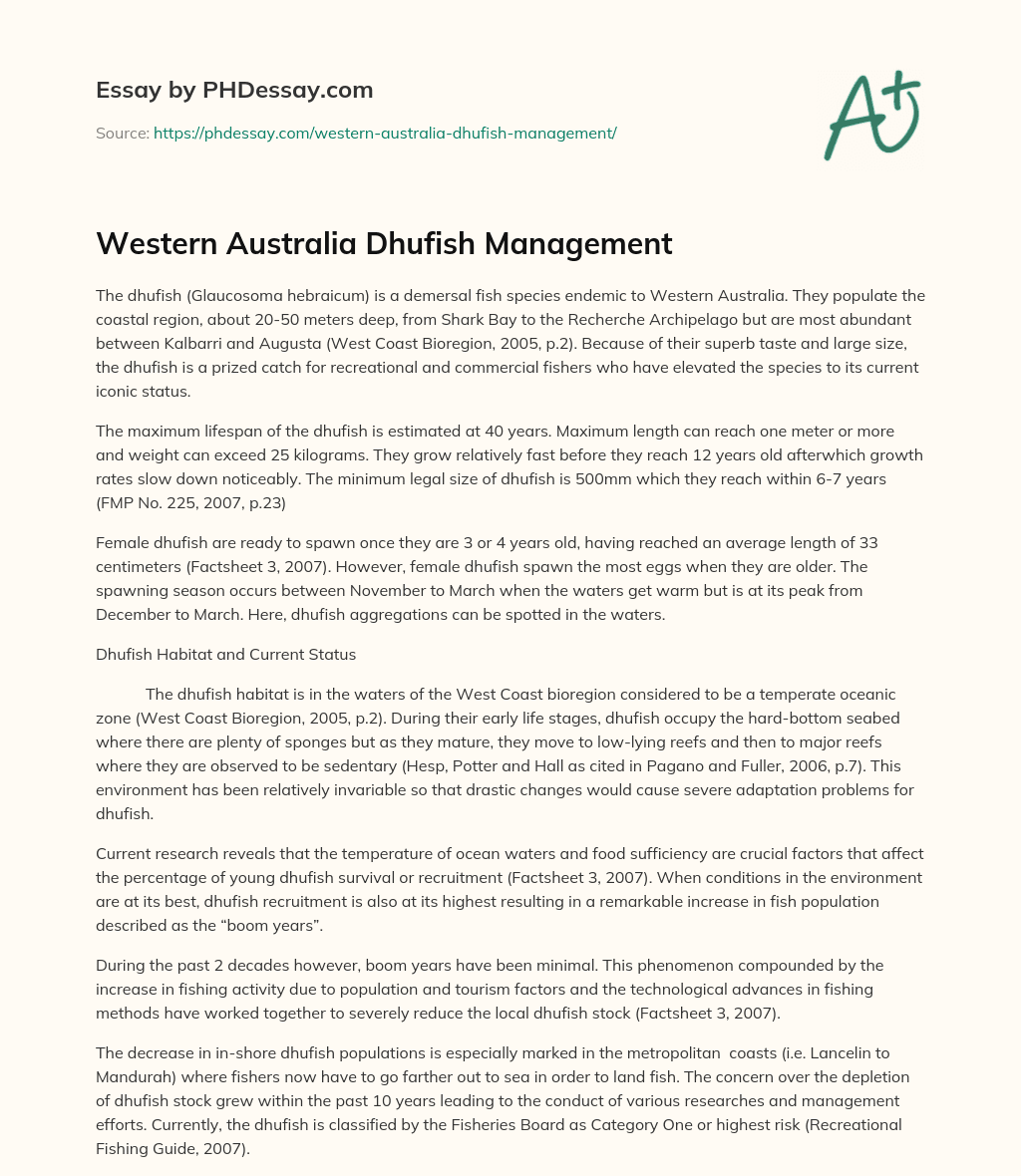 Western Australia Dhufish Management essay