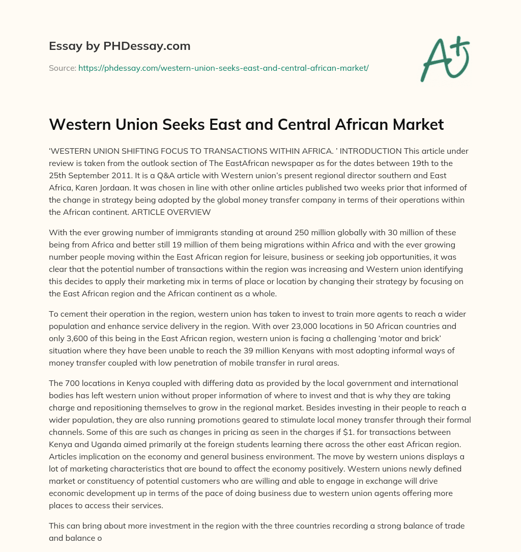 Western Union Seeks East and Central African Market essay