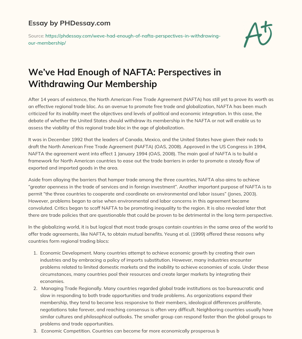 We’ve Had Enough of NAFTA: Perspectives in Withdrawing Our Membership essay