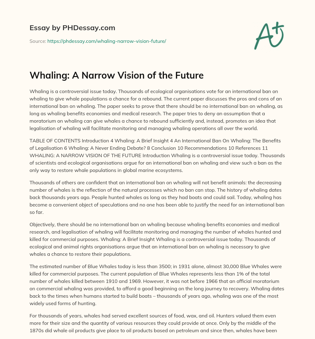 Whaling: A Narrow Vision of the Future essay