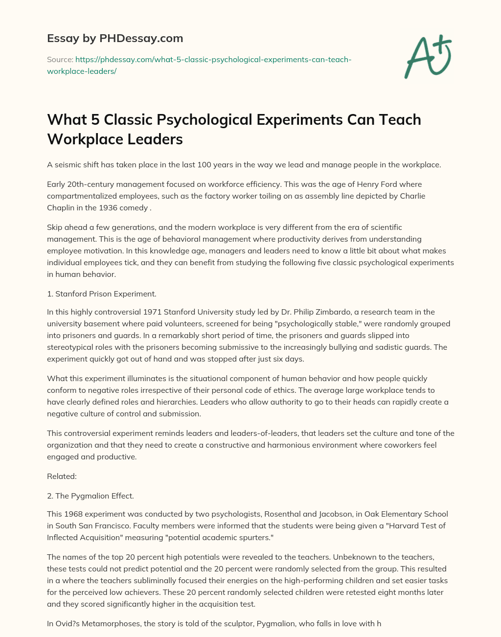 What 5 Classic Psychological Experiments Can Teach Workplace Leaders essay