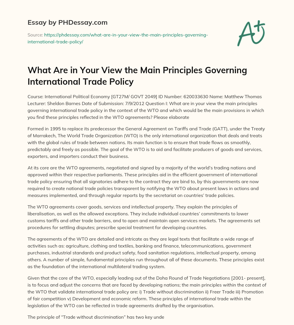 What Are in Your View the Main Principles Governing International Trade Policy essay