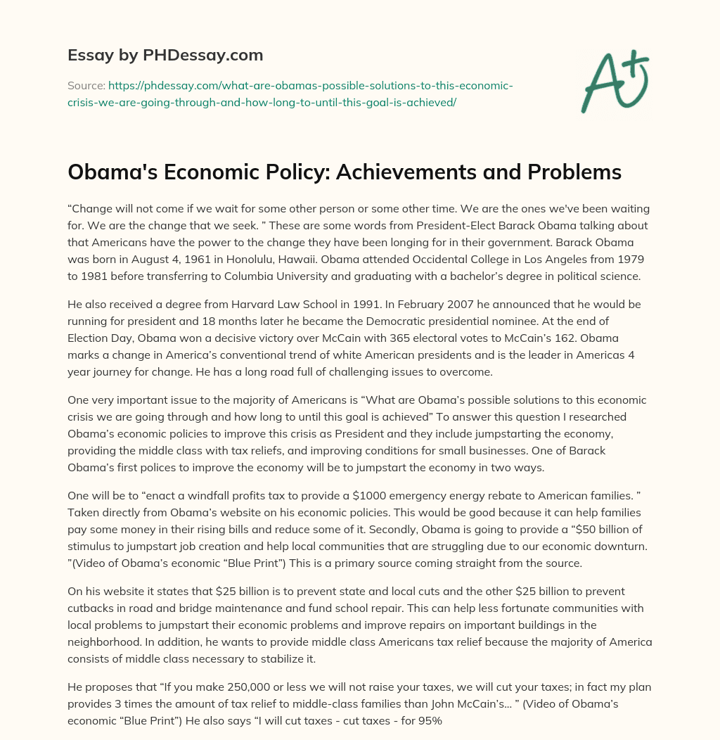 Obama’s Economic Policy: Achievements and Problems essay