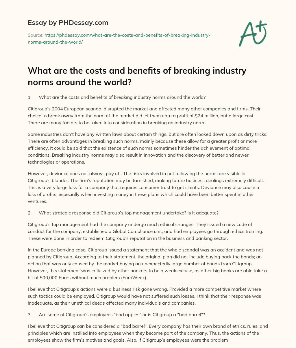 What are the costs and benefits of breaking industry norms around the world? essay