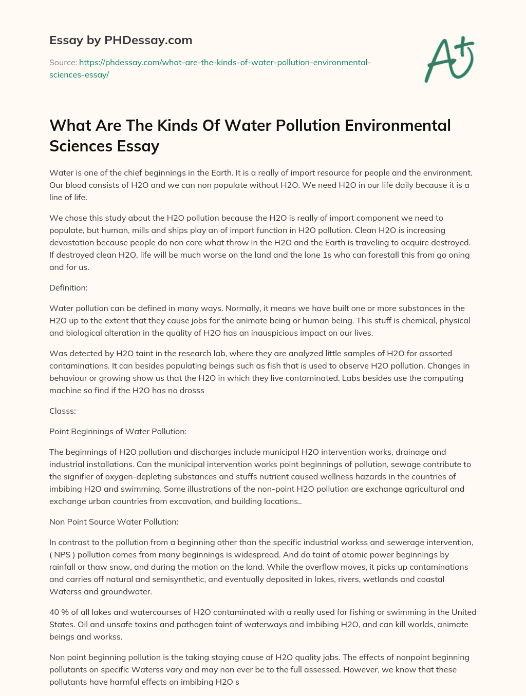 What Are The Kinds Of Water Pollution Environmental Sciences Essay essay