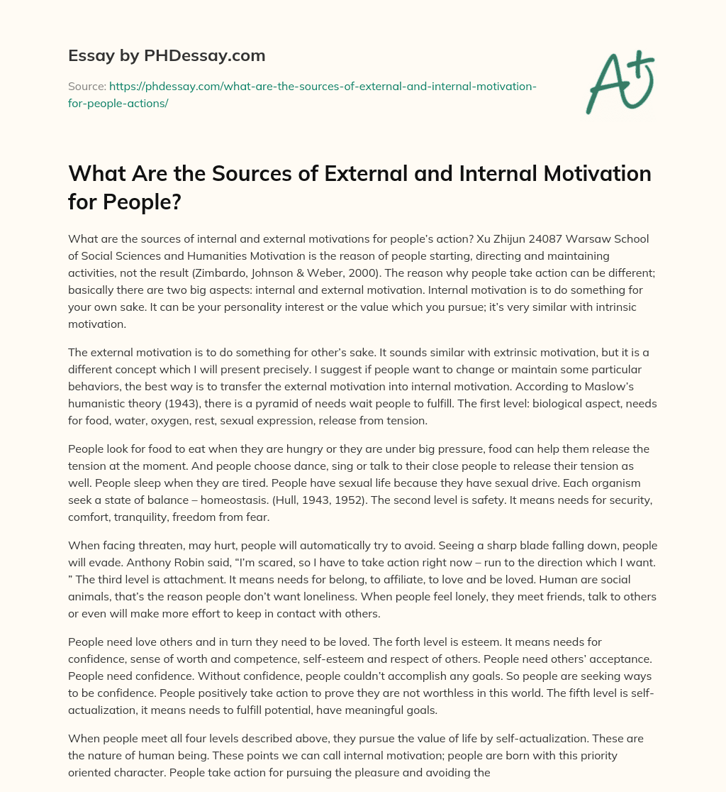 What Are the Sources of External and Internal Motivation for People? essay
