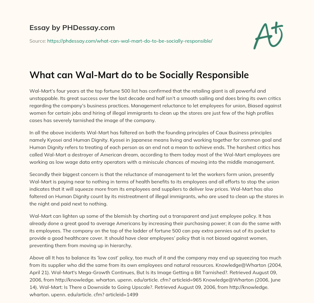 What can Wal-Mart do to be Socially Responsible essay
