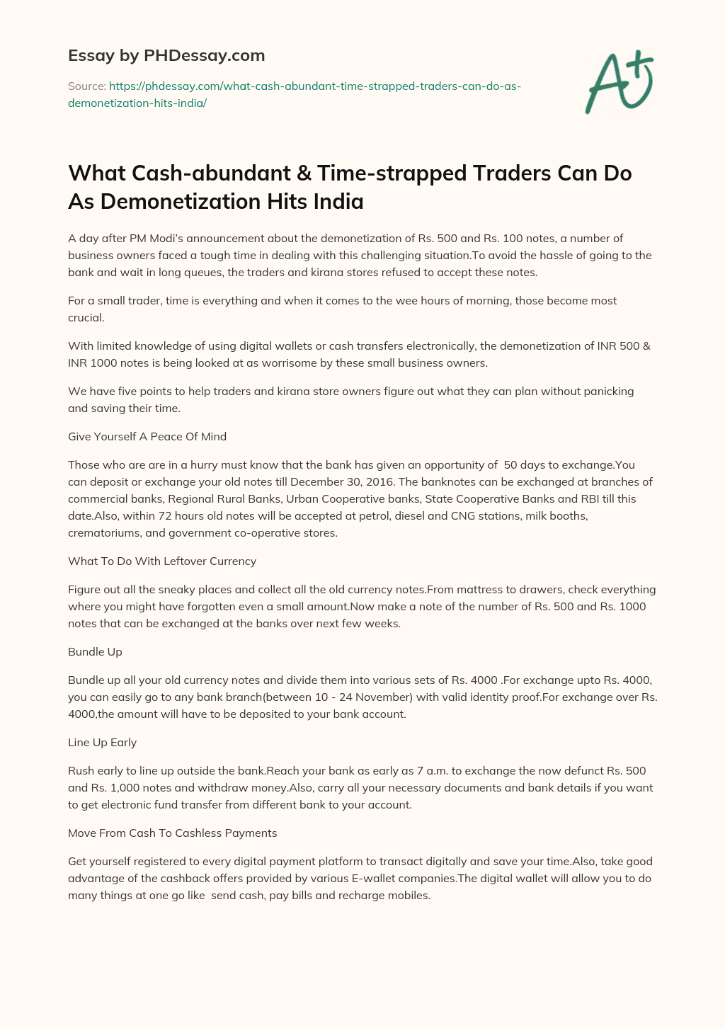 What Cash-abundant & Time-strapped Traders Can Do As Demonetization Hits India essay