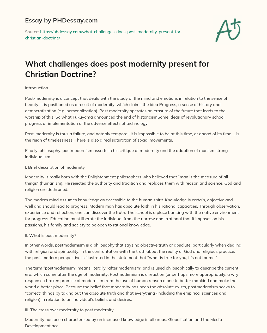 What challenges does post modernity present for Christian Doctrine? essay