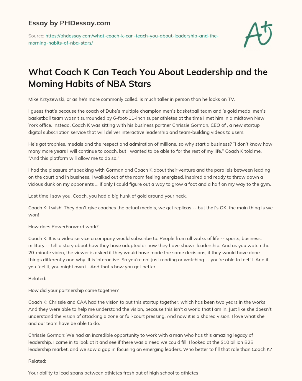 What Coach K Can Teach You About Leadership and the Morning Habits of NBA Stars essay