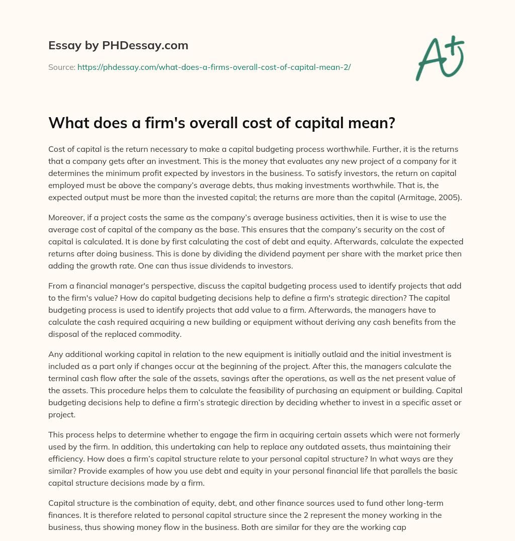 What does a firm’s overall cost of capital mean? essay