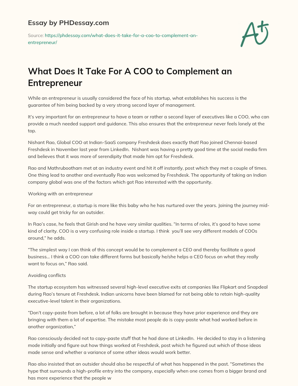 What Does It Take For A COO to Complement an Entrepreneur essay
