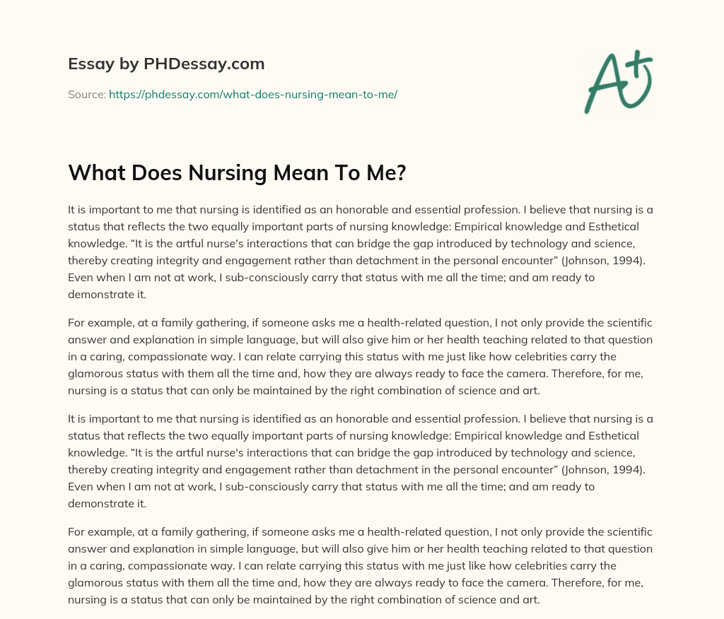  What Does Nursing Mean To Me 400 Words PHDessay