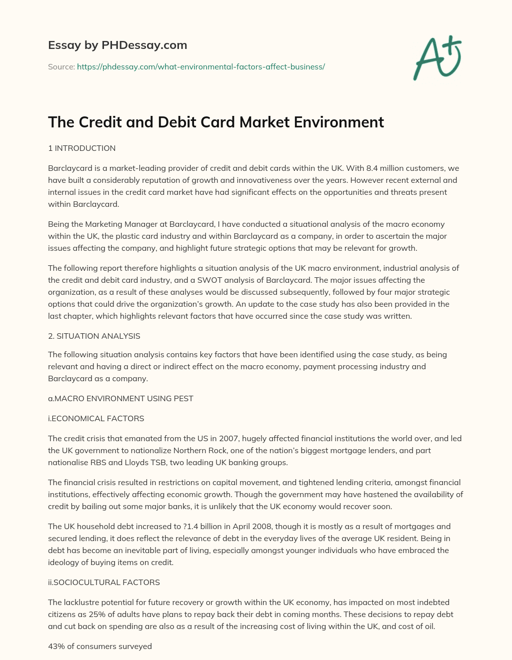 The Credit and Debit Card Market Environment essay