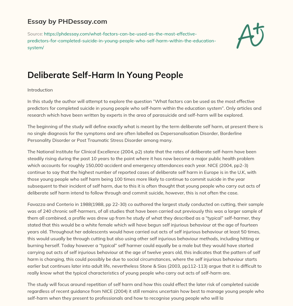 Deliberate Self-Harm In Young People essay