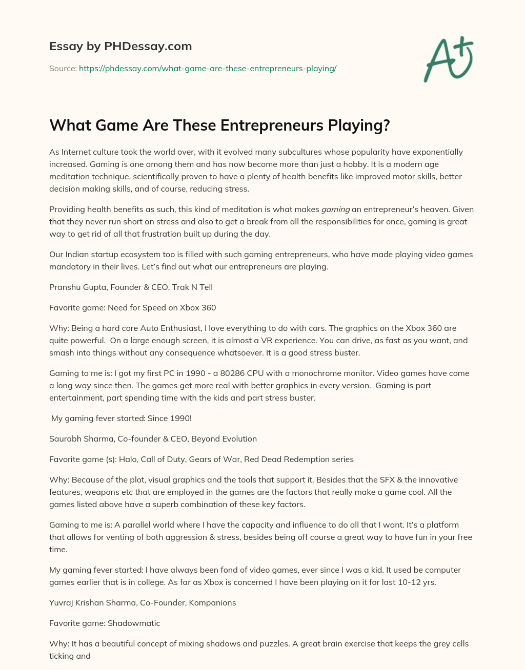 What Game Are These Entrepreneurs Playing? essay