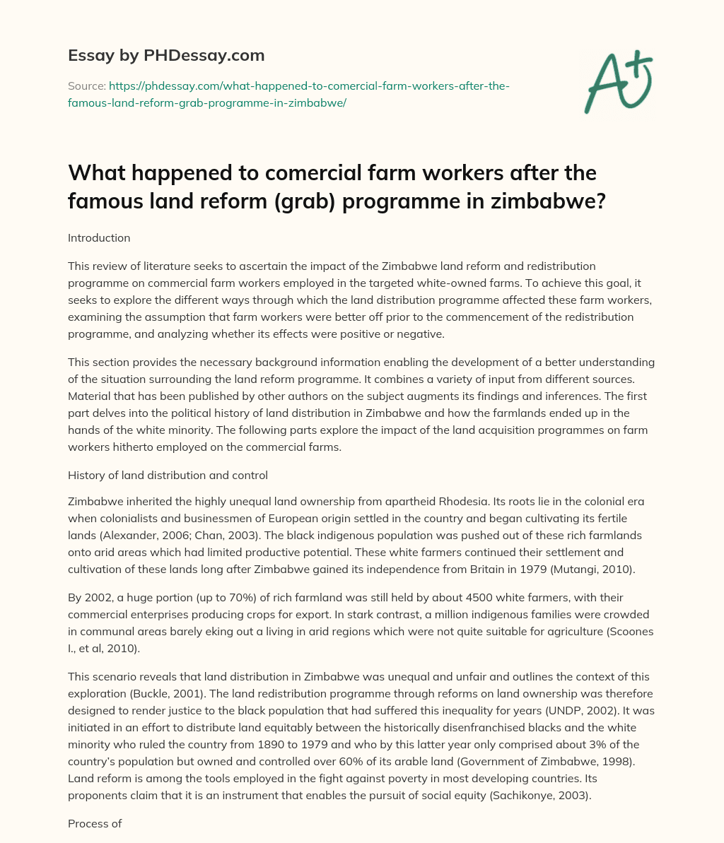 Impact of Zimbabwe Land Reform on Commercial Farm Workers essay