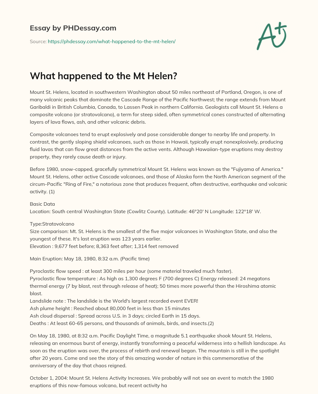What happened to the Mt Helen? essay