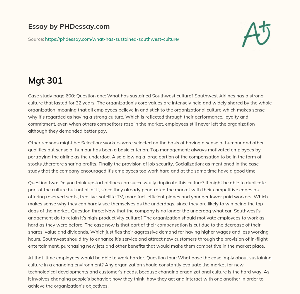 Sustaining Southwest’s Strong Culture: Insights and Challenges for Upstart Airlines essay
