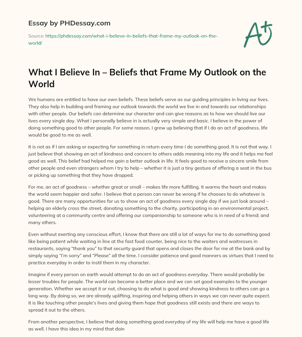 What I Believe In – Beliefs that Frame My Outlook on the World essay
