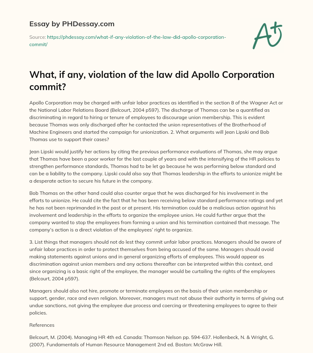 What, if any, violation of the law did Apollo Corporation commit? essay