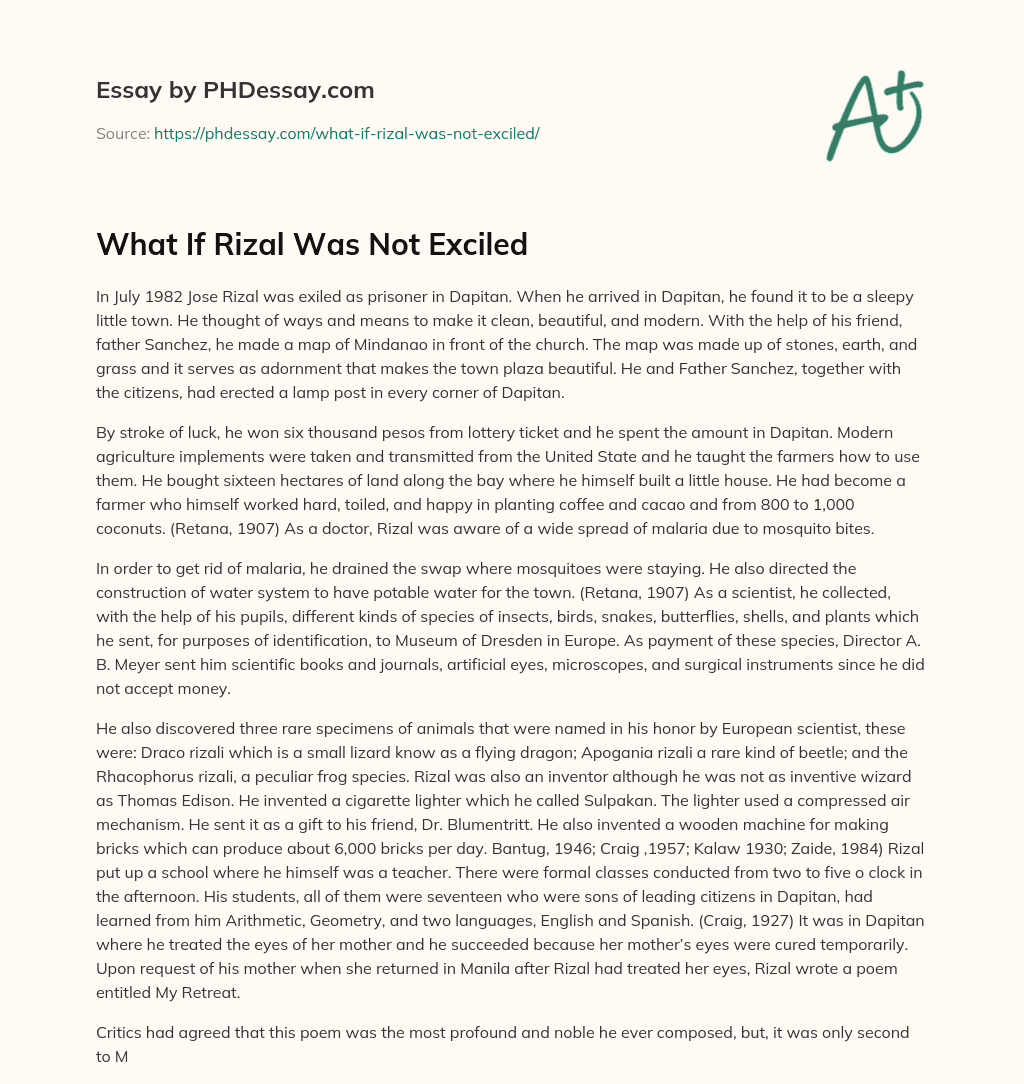 What If Rizal Was Not Exciled essay