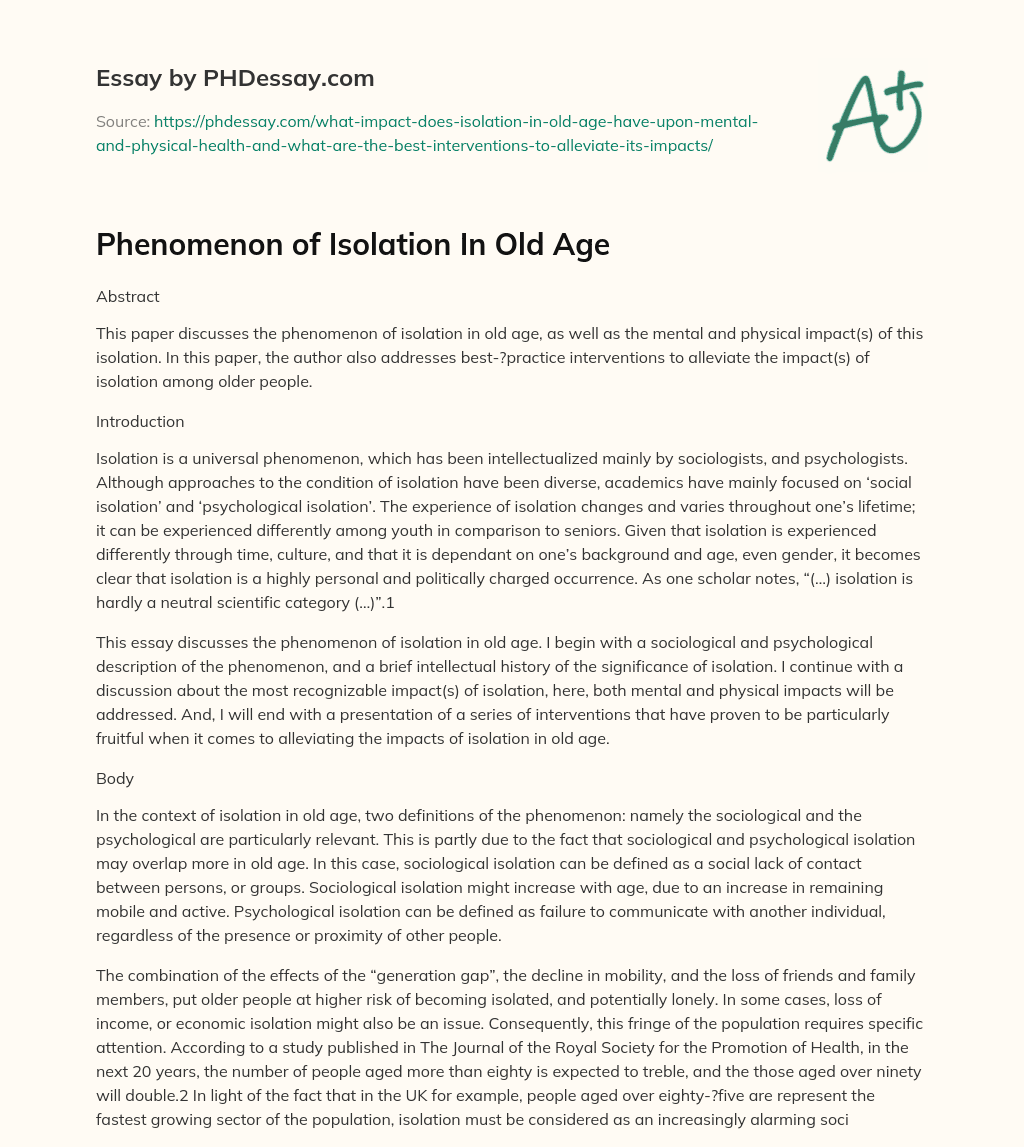 Phenomenon of Isolation In Old Age essay