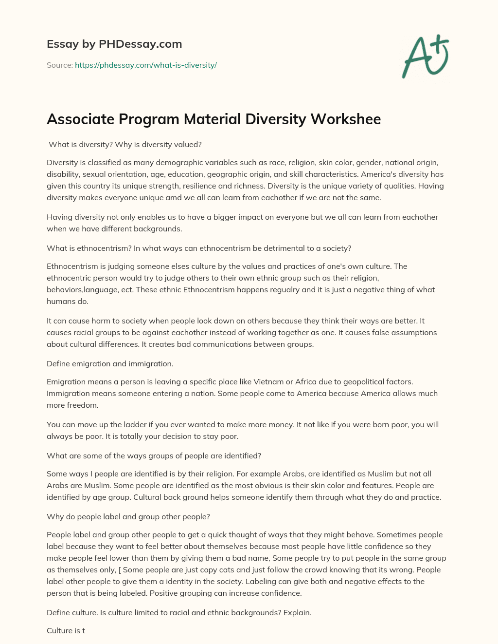 Associate Program Material Diversity Workshee essay