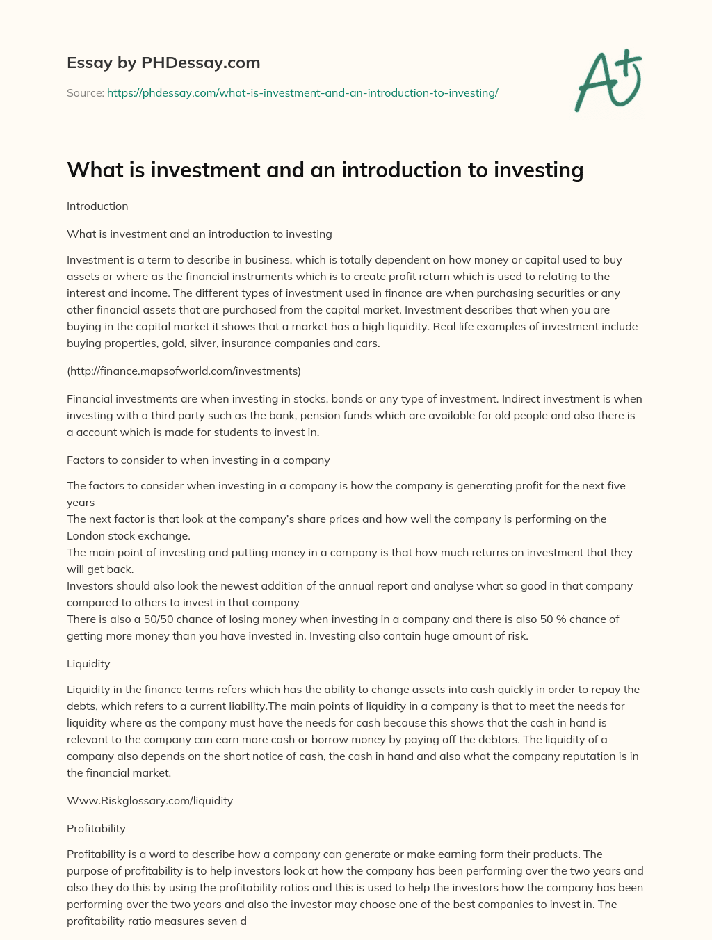 What is investment and an introduction to investing essay