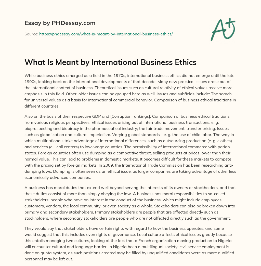 What Is Meant by International Business Ethics essay