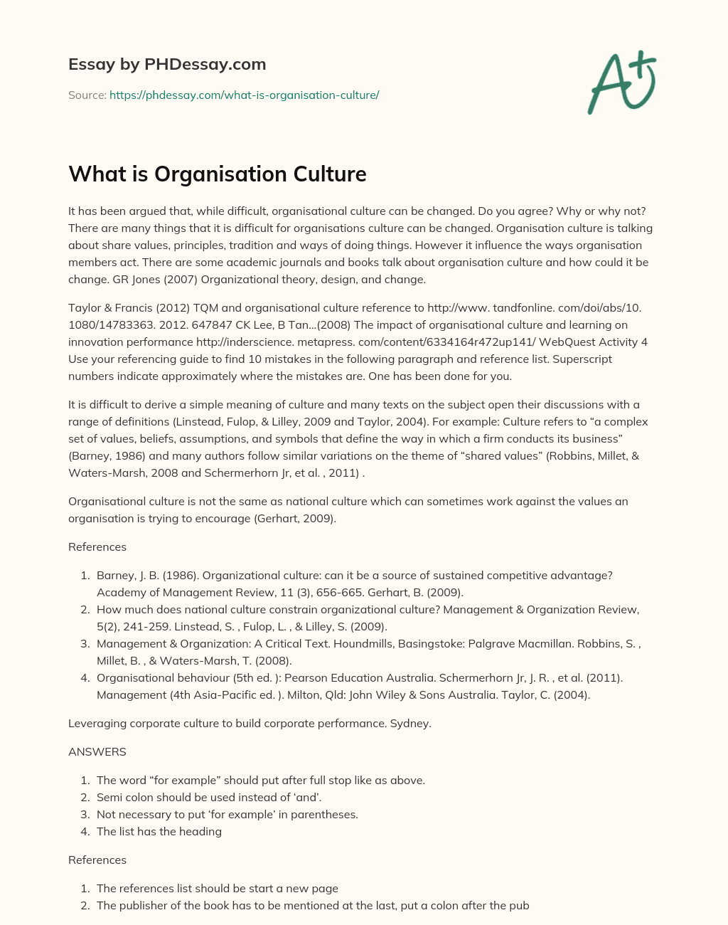 What is Organisation Culture essay