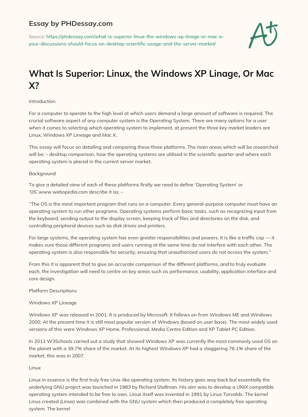What Is Superior: Linux, the Windows XP Linage, Or Mac X? - PHDessay.com