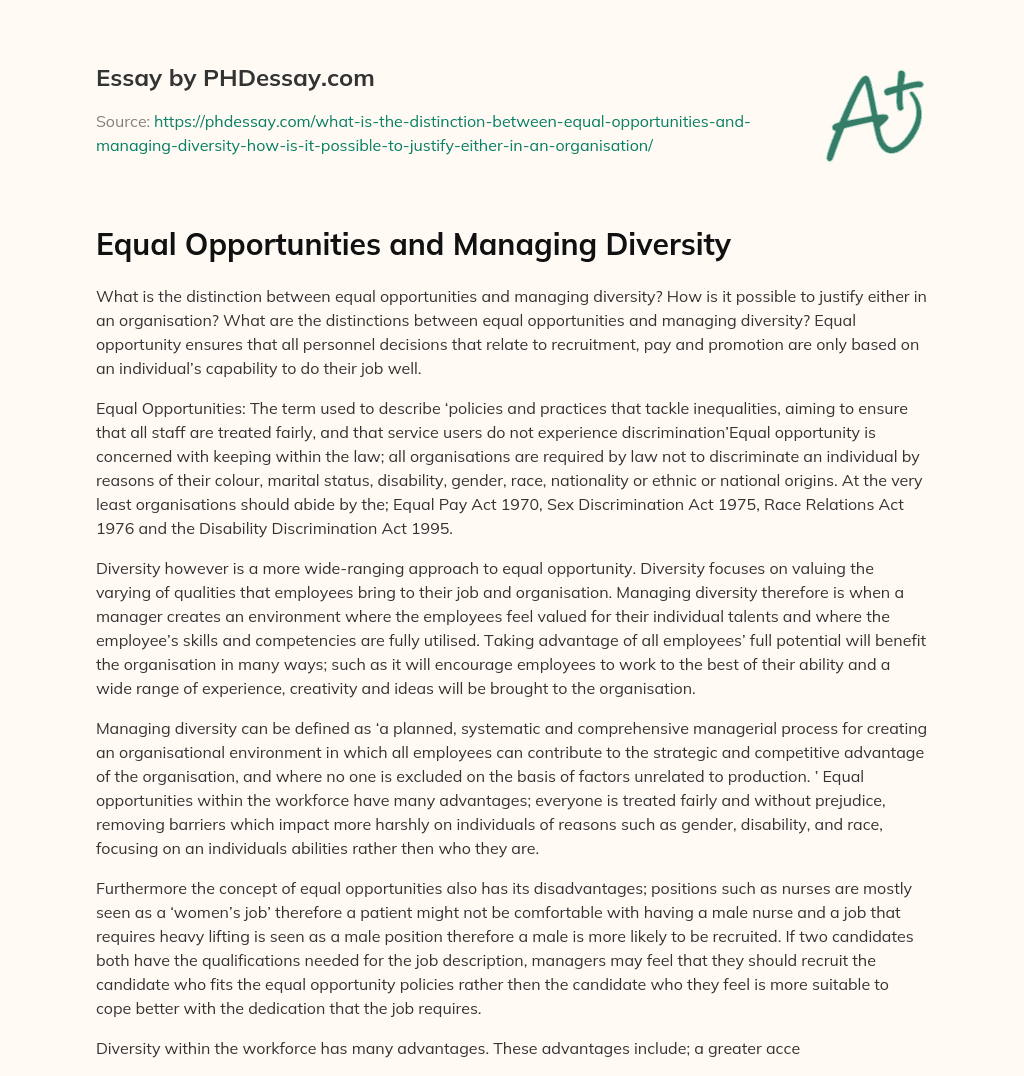 Equal Opportunities and Managing Diversity essay