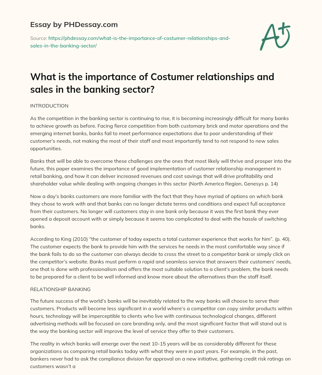 What is the importance of Costumer relationships and sales in the banking sector? essay