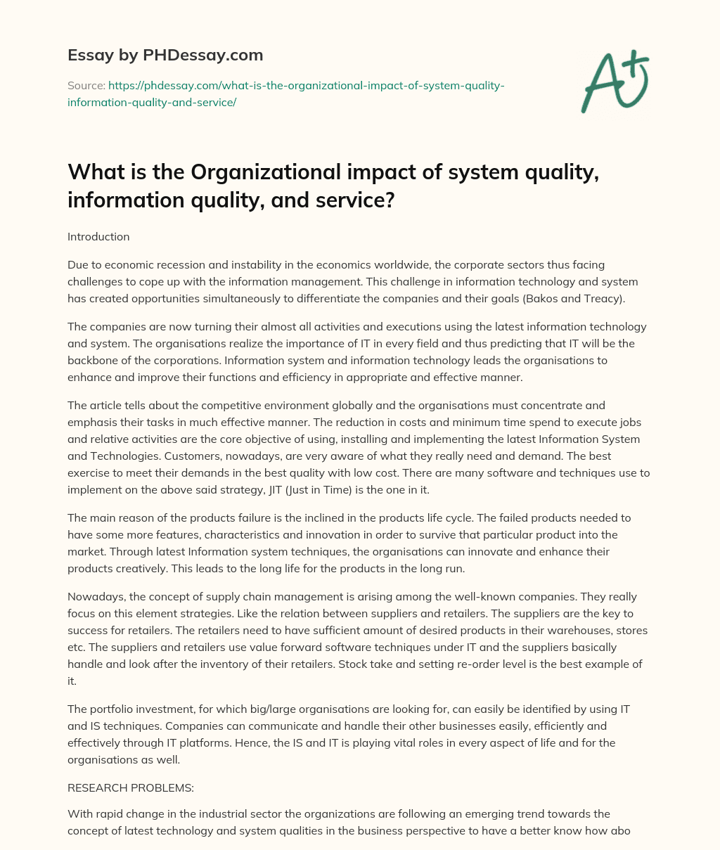 What is the Organizational impact of system quality, information quality, and service? essay