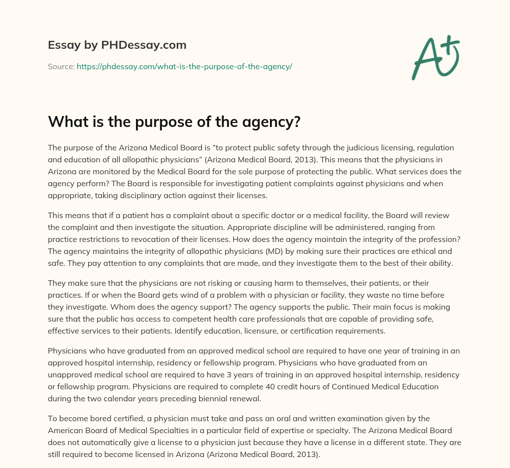 What is the purpose of the agency? essay
