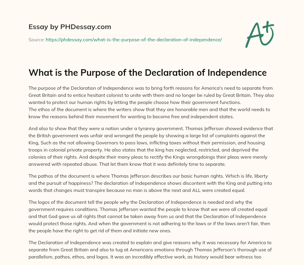 purpose of declaration of independence thesis