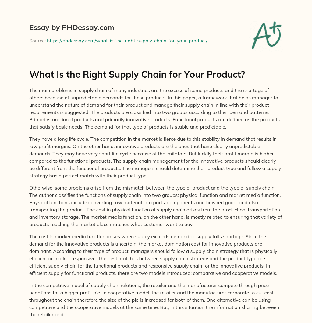 What Is the Right Supply Chain for Your Product? essay